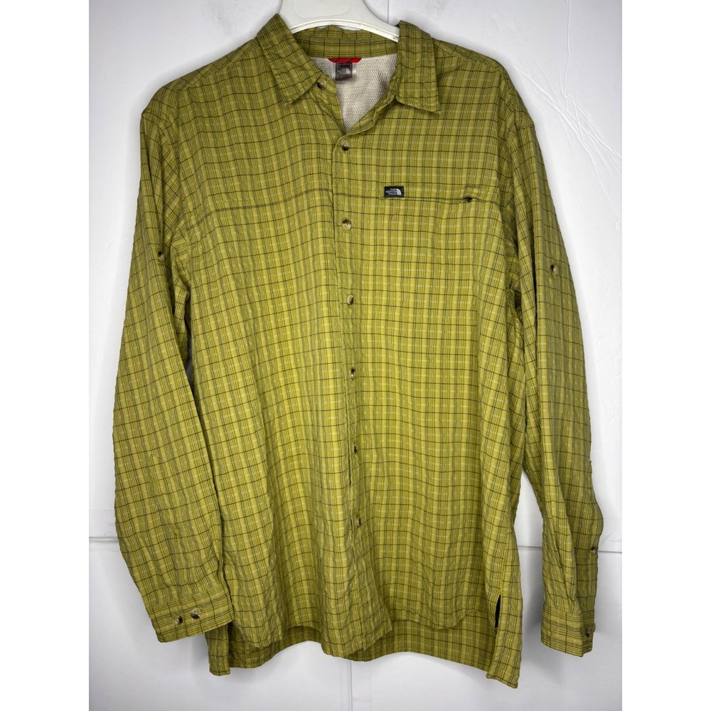 The North Face Mens Large AB5L Plaid Button Down Hiking Shirt Olive Green Long S